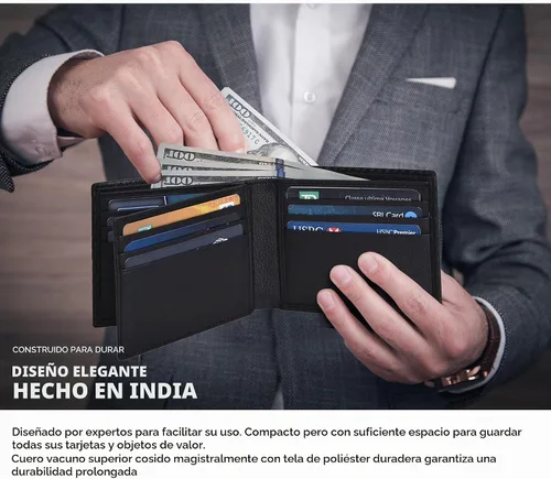 Vista 6 de Carteras RFID delgadas para hombres - Cartera de bolsillo frontal de piel genuina Negro