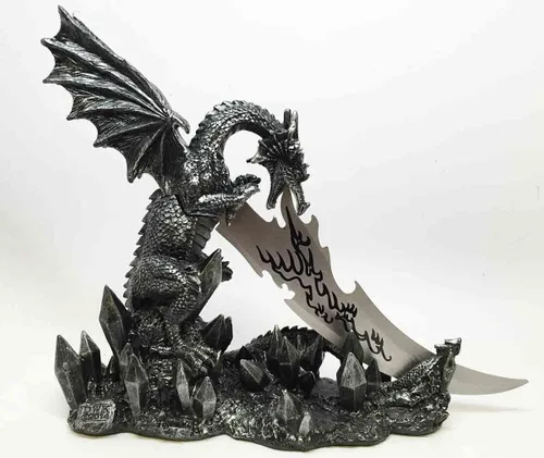 Vista 4 de Ebros Medieval Dreamwork Fantasía Dragón Fuego Aliento Daga Abrecartas Cuchillo con soporte de base, estatua de decoración de oficina en casa Figura