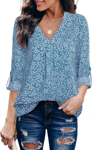 Vista 21 de Youtalia Blusas para mujer, elegantes, informales, de negocios, manga 3/4, de gasa, cuello en V, camisas de trabajo y oficina