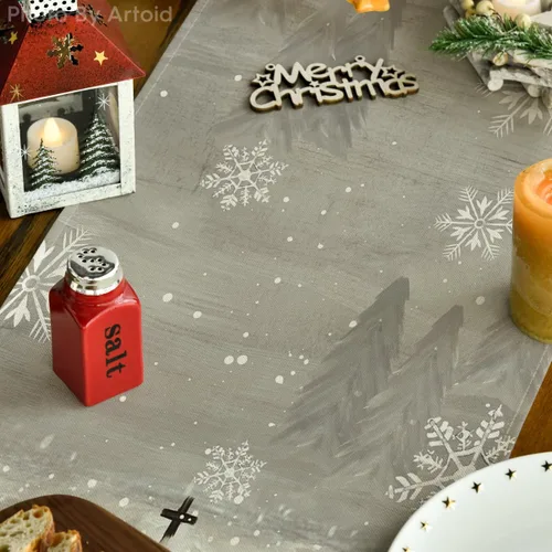 Vista 3 de Artoid Mode Camino de mesa de Navidad con diseño de árboles de Navidad y copos de nieve, decoración de mesa de cocina con lazo de moño para fiestas