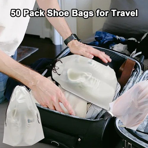 Vista 4 de xlehoely Paquete de 50 bolsas de zapatos para viajes, grandes bolsas transparentes de almacenamiento de zapatos con cuerda para hombres y mujeres