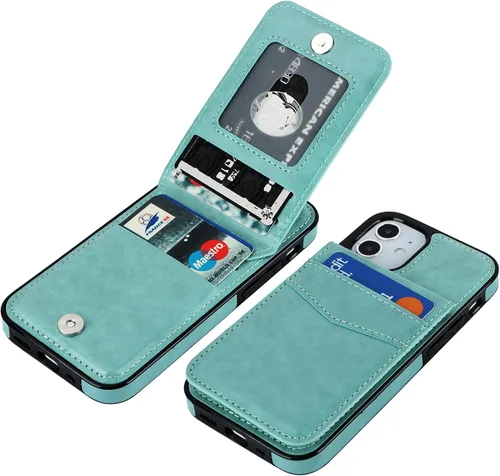 Vista 13 de KIHUWEY - Funda tipo cartera para iPhone 12 Mini, soporte para tarjetas, color negro Ranuras para tarjetas de crédito, piel sintética, cierre