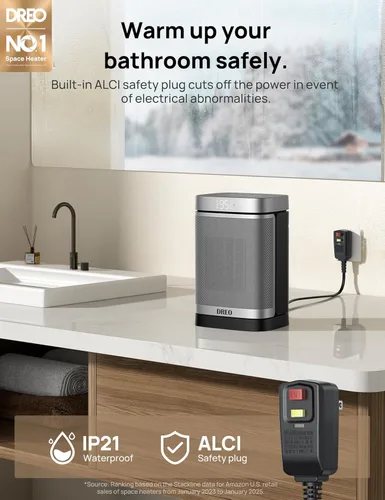 Vista 2 de DREO Calentador de espacio para baño e interior, calentador portátil, calentador de cerámica PTC, seguro y silencioso de 1500 W, termostato digital