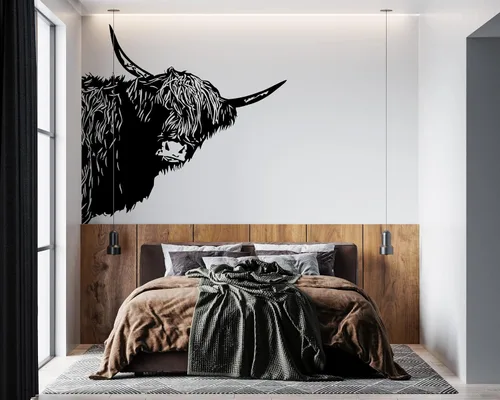 Vista 3 de Calcomanía de pared de vaca escocesa de las tierras altas, estilo granja, decoración del hogar de granja, vaca divertida. Decoración de cocina