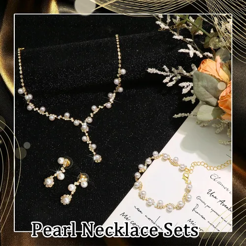 Vista 2 de Rhinestone Jewelry Set Crystal Pearl Necklace Bracelet Earrings Set Sparkly Necklace Dangle Earrings Wedding Prom Formal Costume Jewelry Sets for
