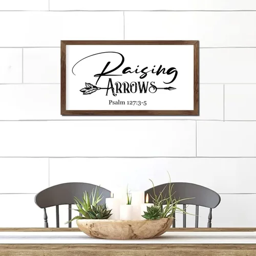 Vista 7 de Letrero artístico de madera de 12 x 22 pulgadas con cita motivacional con flechas de elevación, versículo bíblico, marco de madera de albaricoque