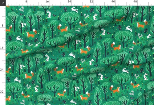 Vista 2 de Spoonflower Tela - Zorros esmeralda verde bosque, conejitos del bosque, animales lindos para niños, zorro impreso en tela de gasa, cuarto gordo
