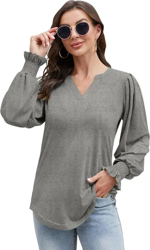 Vista 2 de RUBZOOF Blusas para mujer, cuello en V, manga abombada, ajuste holgado, para otoño, a la moda, camisas elegantes