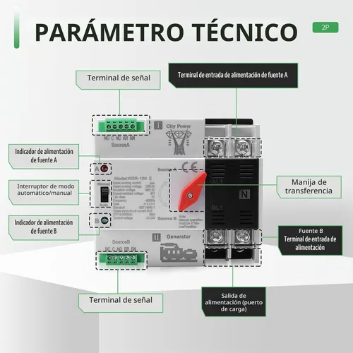 Vista 3 de Interruptor de transferencia automática/manual de 63amp AC110V 2P 50/60Hz, interruptor mini ATS de 2 polos 63A de doble potencia solar