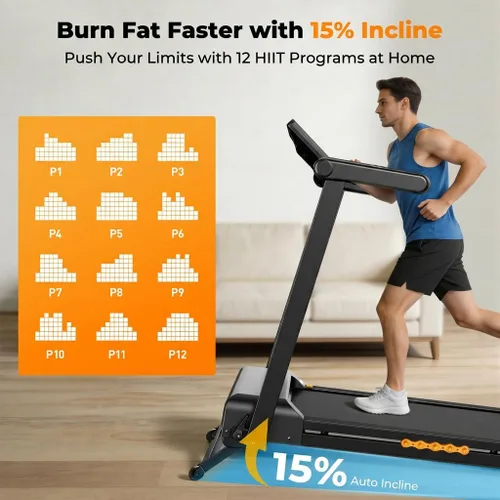 Vista 6 de JAGJOG Treadmill for Home with 15% Auto Incline, 3.5HP Quiet Foldable Treadmill, 12 HIIT Programs, 14.96" Wide LED Touchscreen, Smart App & Heart