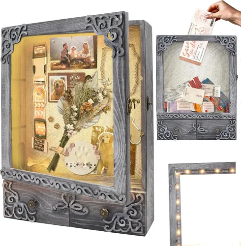 Vista 10 de Marco de caja de sombra de 11 x 16 con luz, vitrina conmemorativa con estantes, cajón y ranura para recuerdos, caja grande de sombra profunda