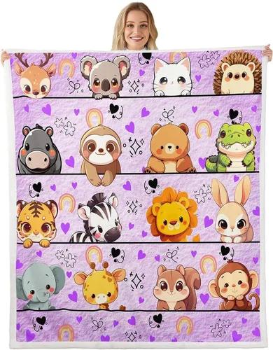 Vista 24 de Manta de franela de animales de dibujos animados para todas las estaciones, manta de cama azul con estampado de amor Kawaii para decoración
