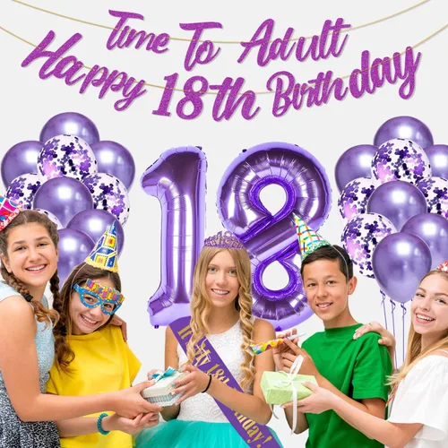 Vista 3 de Decoraciones moradas de cumpleaños número 18 para niñas, banda, tiara de 40 pulgadas, globos de papel de aluminio, globos de confeti de oro rosa