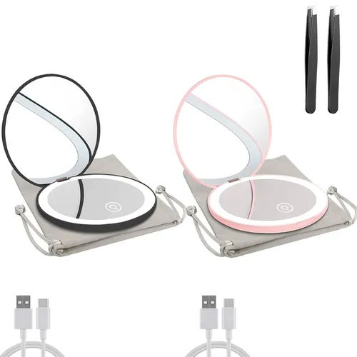 Vista 13 de Espejo compacto con luz LED, espejo recargable con aumento 1x/10x, 3.5 pulgadas, espejo de viaje regulable para bolso, bolsillo, espejo de Negro