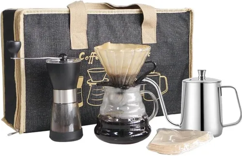 Vista 7 de SOTECH Juego de cafetera con soporte para gotero, filtros de café, molinillo de café de papel, regalo para los amantes del café Negro
