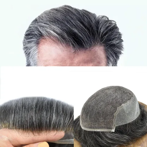 Vista 25 de Toupee para hombres, sistema de reemplazo de cabello humano Remy, nudos blanqueados, encaje frontal, piel fina, para hombre, color gris, pelucas