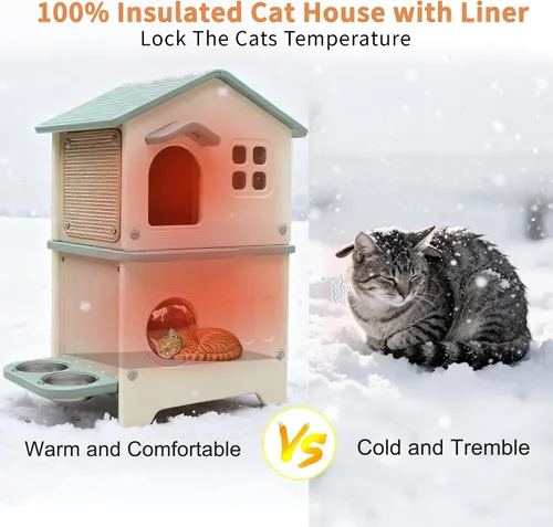 Vista 4 de Rockever Casa para gatos al aire libre con forro aislante, casas para gatos 100% aisladas para invierno al aire libre, casa de gato impermeable de 2