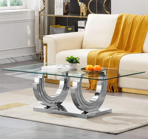 Vista 24 de Mesa auxiliar de cristal dorado de lujo, moderna mesa de centro cuadrada para sofá con base de acero inoxidable con espejo brillante, mesa de noche