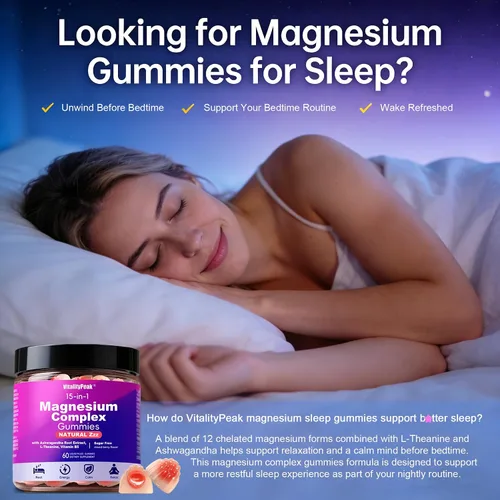 Vista 3 de Gomitas de magnesio para dormir de 400 mg – Gomitas de complejo de magnesio calmante para apoyo del sueño y relajación con L-teanina y ashwagandha