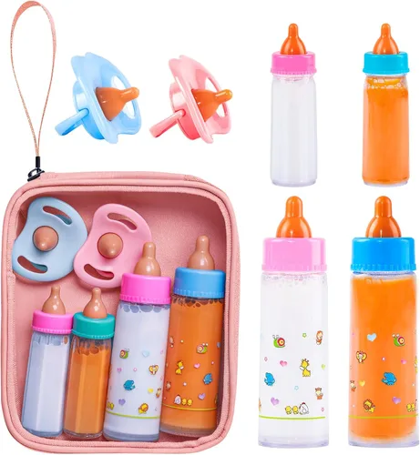 Vista 9 de SCOM Accesorios para biberones de muñeca de bebé, 6 piezas, juguetes de biberón, leche mágica que desaparece y jugo, juego de simulación