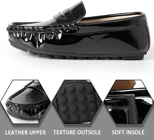 Vista 3 de Mocasines de cuero sin cordones para niños y niñas, con textura, planos, vestido de barco, mocasín, escuela, zapatos para caminar diariamente