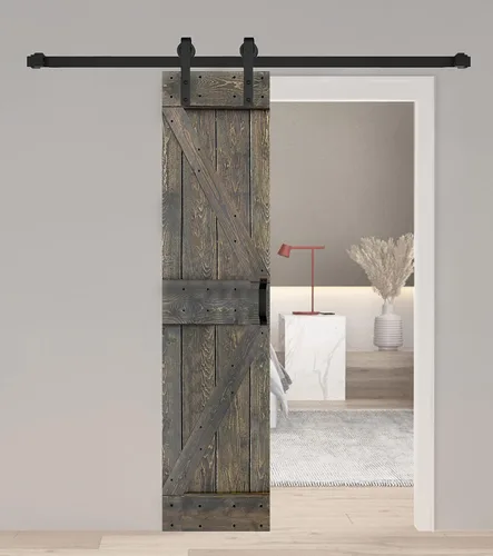 Vista 38 de Serie K. Puerta corredera de granero de madera maciza acabada con kit de herrajes (marrón/nogal, 24 x 84 pulgadas)