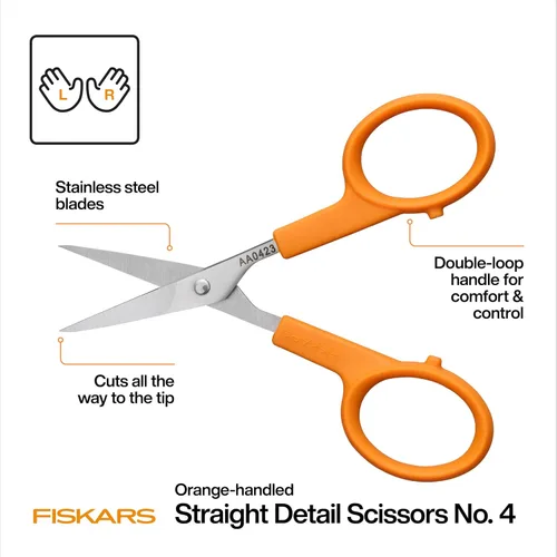 Vista 2 de Fiskars Tijeras con mango naranja de corte recto, hojas de acero inoxidable, mango ambidiestro de doble asa
