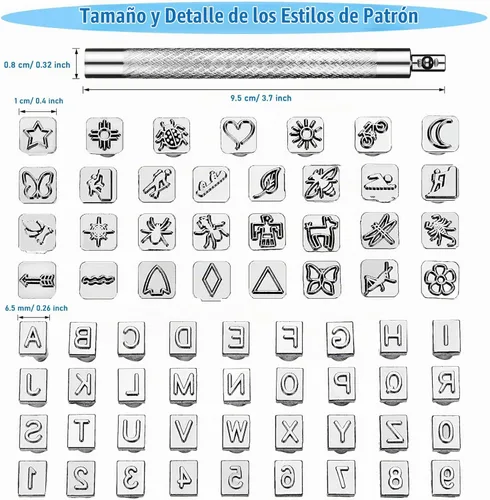 Vista 3 de 70 piezas de herramientas de estampado de cuero, kit de estampado de cuero con 2 piezas de herramientas de punzón, 68 piezas de letras metálicas