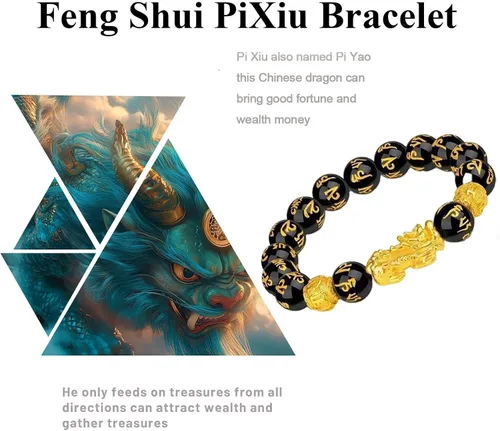 Vista 4 de Pulsera Feng Shui Pixiu de riqueza y suerte, pulseras Pi Xiu de buena suerte, pulsera de obsidiana negra Fengshui para hombres y mujeres, puede