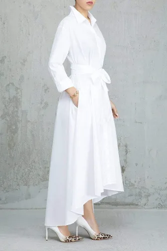 Vista 2 de VERWIN Vestido largo de manga larga para mujer, holgado, elegante, con botones, con bolsillos y cinturones