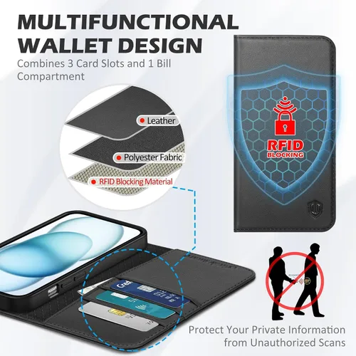 Vista 4 de SHIELDON Funda para iPhone 15 6.1" 2023, Funda Tipo Cartera de Cuero Genuino con [Soporte] [Tarjetero con Bloqueo RFID] [Magnética] Cubierta