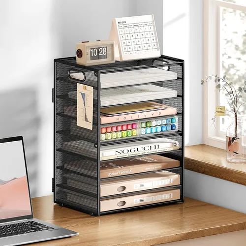 Vista 5 de SUBEKYU Organizador de papel de 9 niveles para escritorio, bandeja de cartas de malla de metal negro, organizador clasificador de papel de archivo