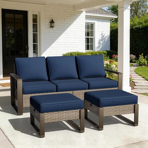 Vista 54 de Joyside - Sofá de mimbre para patio al aire libre, sofá de ratán de 3 plazas con cojines gruesos de olefina y reposabrazos rectangular con marco