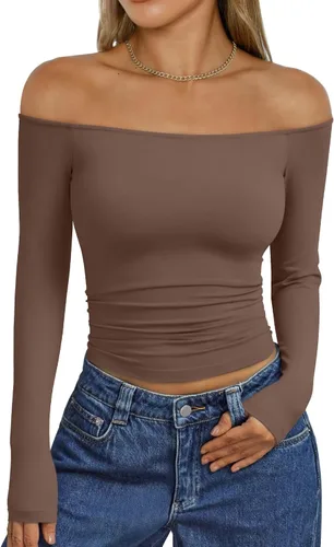 Vista 25 de Trendy Queen Camisetas básicas sexy para mujer con hombros descubiertos Azul
