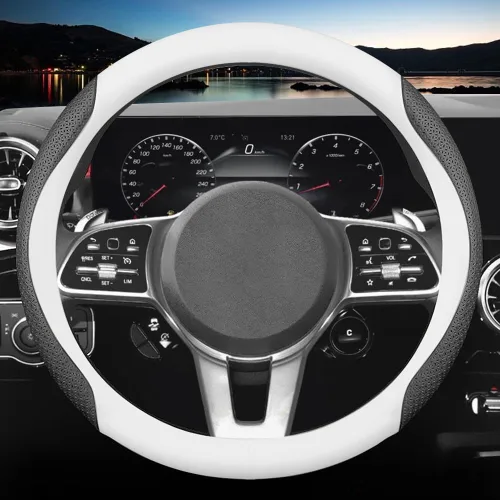Vista 8 de HAOTULE Nueva funda para volante de coche de cuero nappa, universal de 15 pulgadas, color negro