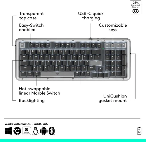 Vista 6 de Logitech Alto Keys K98M - Teclado mecánico inalámbrico, teclado personalizable con junta de absorción de vibraciones, teclas retroiluminadas, Grafito
