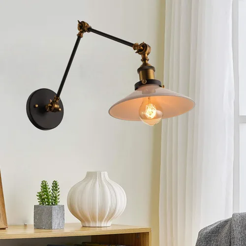 Vista 10 de Iluminación estilo loft con forma de platillo, aplique de pared ajustable, pantalla de vidrio blanco lechoso, brazo oscilante, lámpara de pared Latón