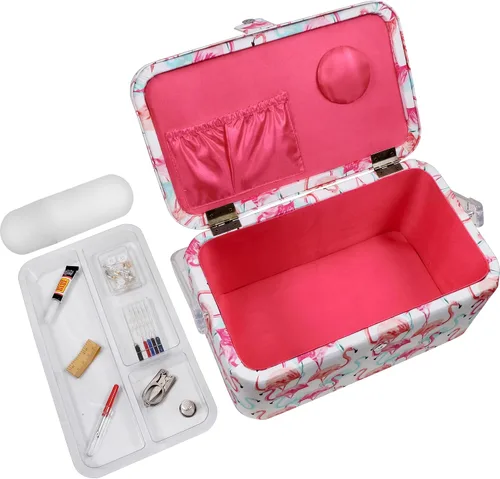 Vista 8 de SINGER Cesta de aparejos grande de alta calidad, estampado de flamenco pastel con kit de costura de viaje de emergencia y bolsa con cremallera a
