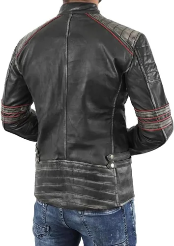 Vista 5 de NM-Fashions Chaqueta de cuero vintage Cafe Racer para hombre, chaqueta de carreras de motocicleta retro