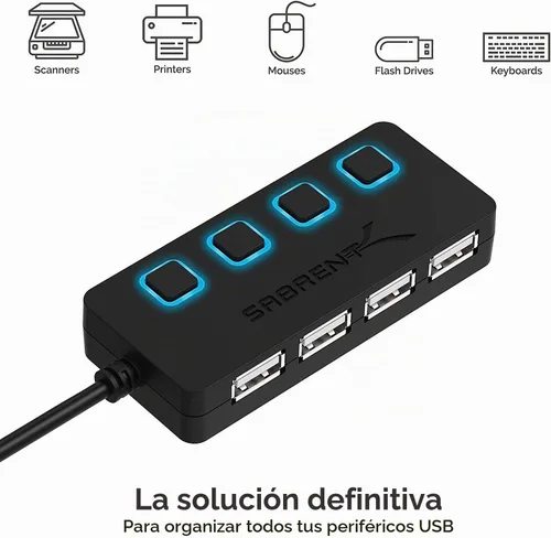 Vista 7 de SABRENT Hub de datos USB 2.0 de 4 puertos con interruptores de alimentación individuales con LED iluminados [no se admite la carga] para Mac y PC