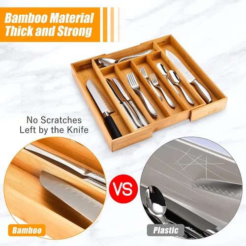 Vista 5 de Bellsal Organizador de cubiertos de 2 piezas con ranuras, organizador de cajones de cocina expandible de bambú, bandeja para utensilios de cocina