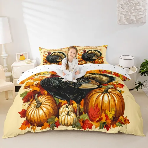 Vista 2 de Erosebridal Juego de funda de edredón individual de pavo de Acción de Gracias, juego de ropa de cama de calabaza y hojas de otoño para niños