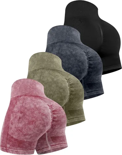 Vista 11 de CHRLEISURE Pantalones Cortos de Entrenamiento para Mujer, 4 Paquetes, Cintura Alta, Levantamiento de Glúteos con Fruncido, Pantalones Cortos Booty