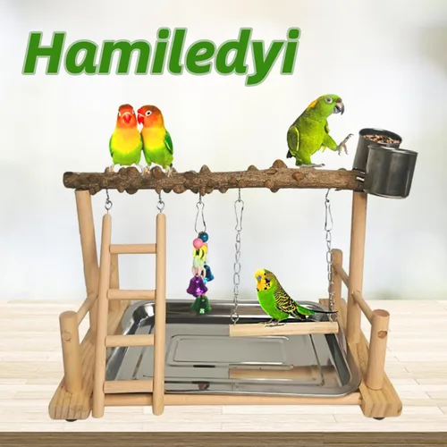 Vista 2 de Hamiledyi Parque de Loros Juguetes de Pájaros Soporte de Madera Ejercicio Perca Gimnasio con Tazas Alimentadoras Juguetes para Cacatúas con Escalera