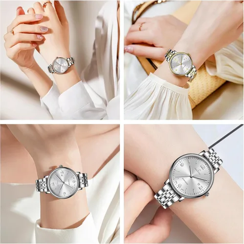 Vista 6 de Reloj de acero inoxidable dorado y plateado, movimiento japonés VJ12, resistente al agua 3ATM, esfera minimalista, vestido y reloj de pulsera casual