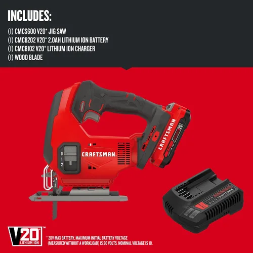 Vista 2 de CRAFTSMAN Kit de sierra caladora inalámbrica V20, 3 ajustes orbitales, hasta 2,500 SPM, batería y cargador incluidos (CMCS600D1)