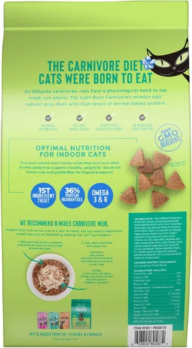 Vista 3 de Comida seca para gatos de interior Tiki Cat Born Carnivore Health, Harina de pescado de trucha y menhaden, Bolsa de 3 libras