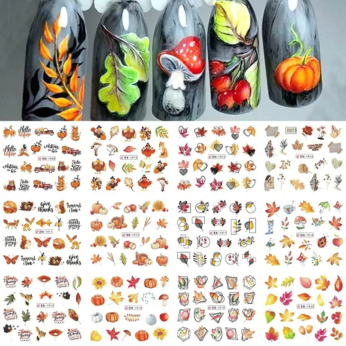 Vista 8 de Calcomanías de arte de uñas de otoño, calcomanías de agua de otoño, suministros de uñas, hojas de arce, pavo, calabaza, diseño de calcomanías