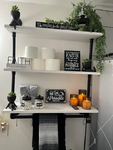 Vista 11 de ROGMARS - Estantería industrial de tuberías para baño, estantes flotantes negros de 24 pulgadas para baño con toallero y ganchos, estantes montados