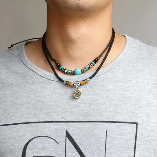 Vista 5 de Beulous Collar de cuero con cuentas de doble capa estilo tribal vintage para hombre y mujer, con colgante para surfista de verano y playa, Cuero, No
